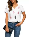 Feather Print Crew Neck Blouse - Casual Cutout Top for Women Spring Summer Clothing - Black, M