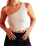 Sultry Shoulder Bliss: Ribbed Crop Top - Women's Casual Wear, BLUE, Size M